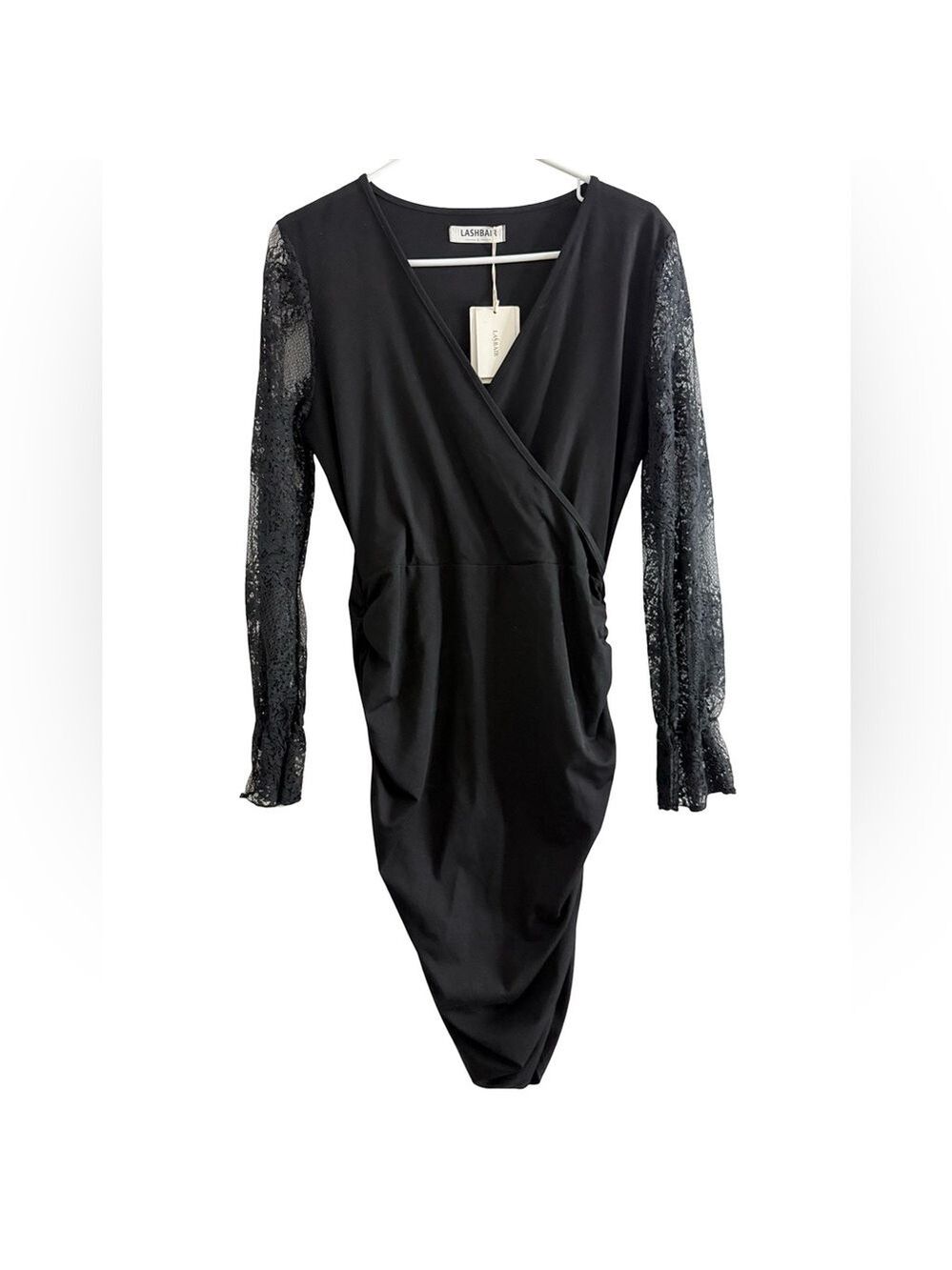 Lashbair Bodycon Cocktail Dress V Neck Lace Sleeves Large $79 Stretch Formal